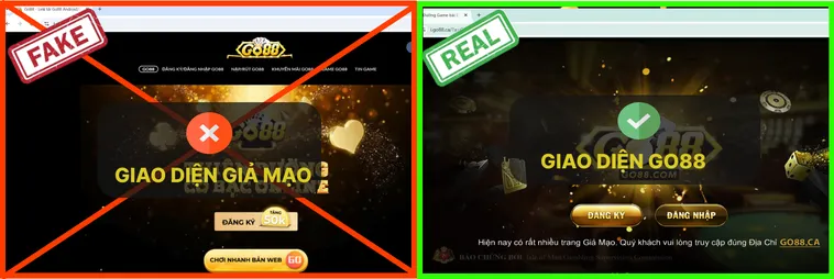 Trang chủ Go88.com thật luôn sử dụng HTTPS và hiện ổ khóa bảo mật, còn trang giả Go88.com đôi khi chỉ là HTTP